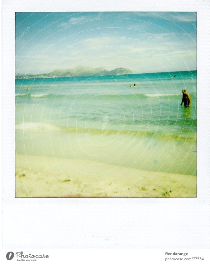 beach fun Ocean Beach Waves Man Leisure and hobbies Vacation & Travel Loneliness Yellow Barefoot Sun Water Sand Human being Polaroid Freedom Blue Sky well