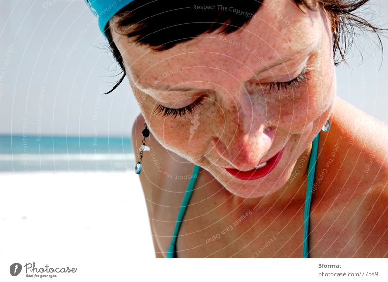earring Portrait photograph Headscarf Bikini Woman Ocean Beach Turquoise Rügen Vacation & Travel Familiar Physics Calm Eyelash Rustling Horizon Freckles