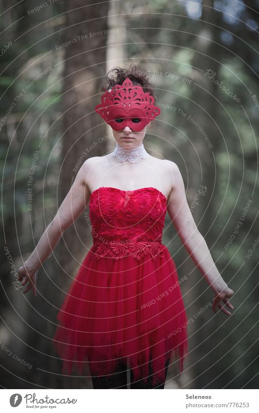 Blushed Carnival Human being Feminine Woman Adults 1 Forest Dress Mask Red Mystic Tulle Colour photo Exterior shot Upper body Front view