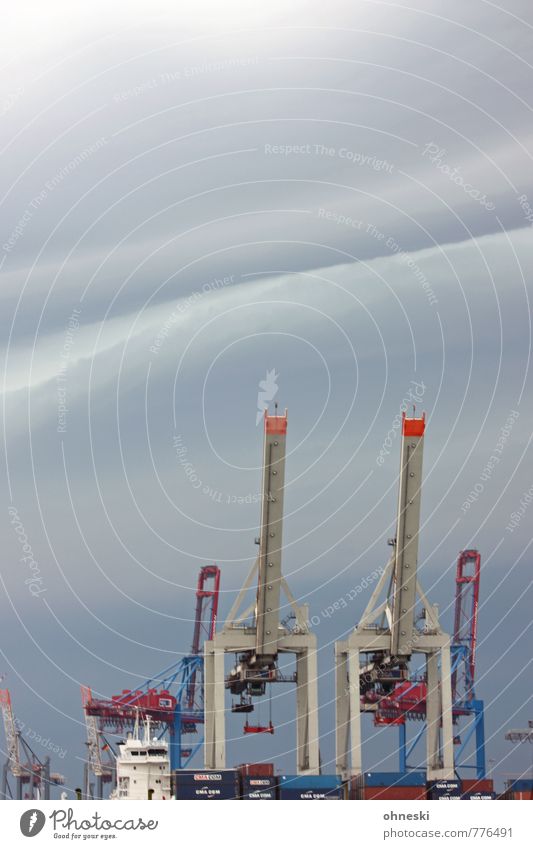 Weather Crane Industry Storm clouds Climate Climate change Bad weather Thunder and lightning Port of Hamburg Harbour Navigation Container Logistics Economy