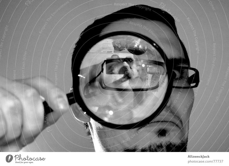 search picture Investigate Search Black Anger Evil Eyeglasses Self portrait Interior shot Looking Magnifying glass beetle perspective Desk Black & white photo