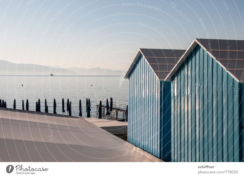 bathing day Landscape Cloudless sky Beautiful weather Hill Mountain Coast Blue Bath house Changing cabine Sunshade Ocean Mediterranean sea Italy Liguria