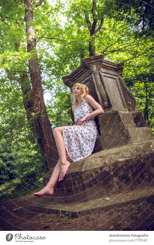 An afternoon in the park Beautiful Feminine Young woman Youth (Young adults) 1 Human being Tree Park Tomb Dress Barefoot Blonde Tombstone Relaxation Looking Sit
