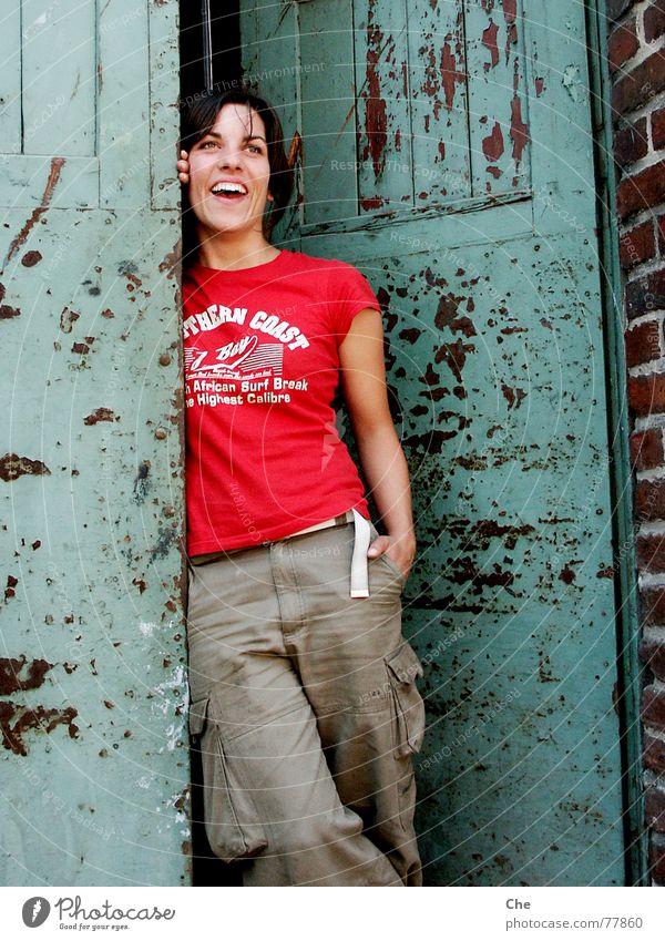 Wind of change II Flexible Happiness Factory Fresh Brave Beautiful Derelict Dirty Red Green Brown Woman Joy Laughter Contentment Door Rust Contrast Face Life