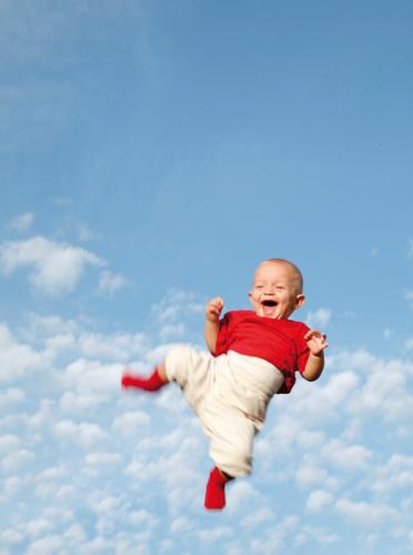 You make me smile Baby Toddler Child Happiness Grinning Red White Jump Air Clouds Light Laughter laugh children Blue Throw Tall Sky