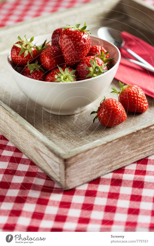 Strawberry #2 Food Fruit Nutrition Bowl Spoon Fresh Healthy Delicious Brown Red To enjoy Tablecloth Checkered wooden tray Napkin Colour photo Close-up Detail