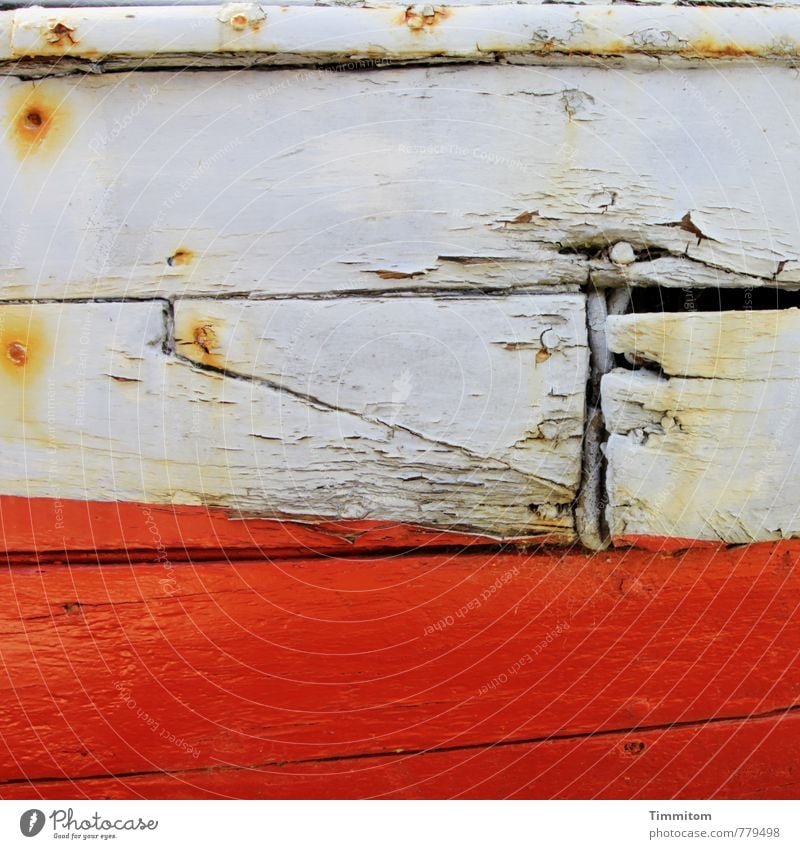 Time signal. Navigation Fishing boat Watercraft Wood Metal Esthetic Broken Gray Emotions Decline Rust Plank Column Nail Auburn Invalided out Colour photo