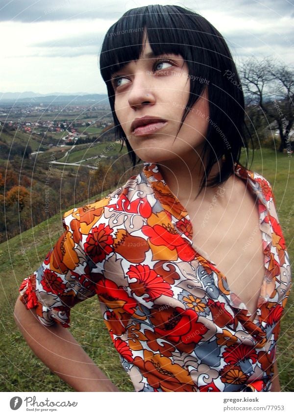 Before rain Sky Nature Seventies Shorts Passion Portrait photograph House (Residential Structure) Close-up woman face lips eyes dark clouds cloudy village ash