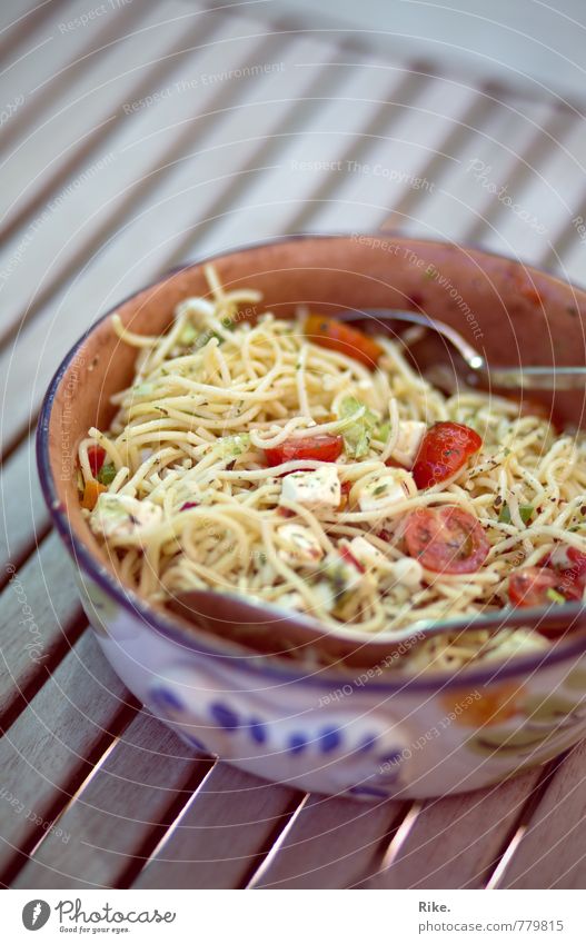 Dearest noodle salad. Food Cheese Vegetable Lettuce Salad Dough Baked goods Herbs and spices Noodles pasta salad Nutrition Eating Dinner Buffet Brunch