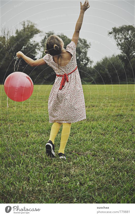 balloon holder II feminine Child Girl Infancy Hair and hairstyles 8 - 13 years Environment Nature Sky Summer Tree Grass Field Playing Happiness Healthy Wild