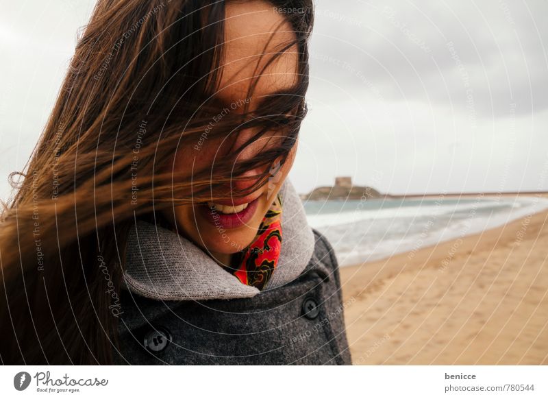 windy IV Woman Human being Wind Hair and hairstyles European Caucasian Girl Winter Autumn Coat Beach Sandy beach Ocean Blown away Brunette Italy Water Sardinia