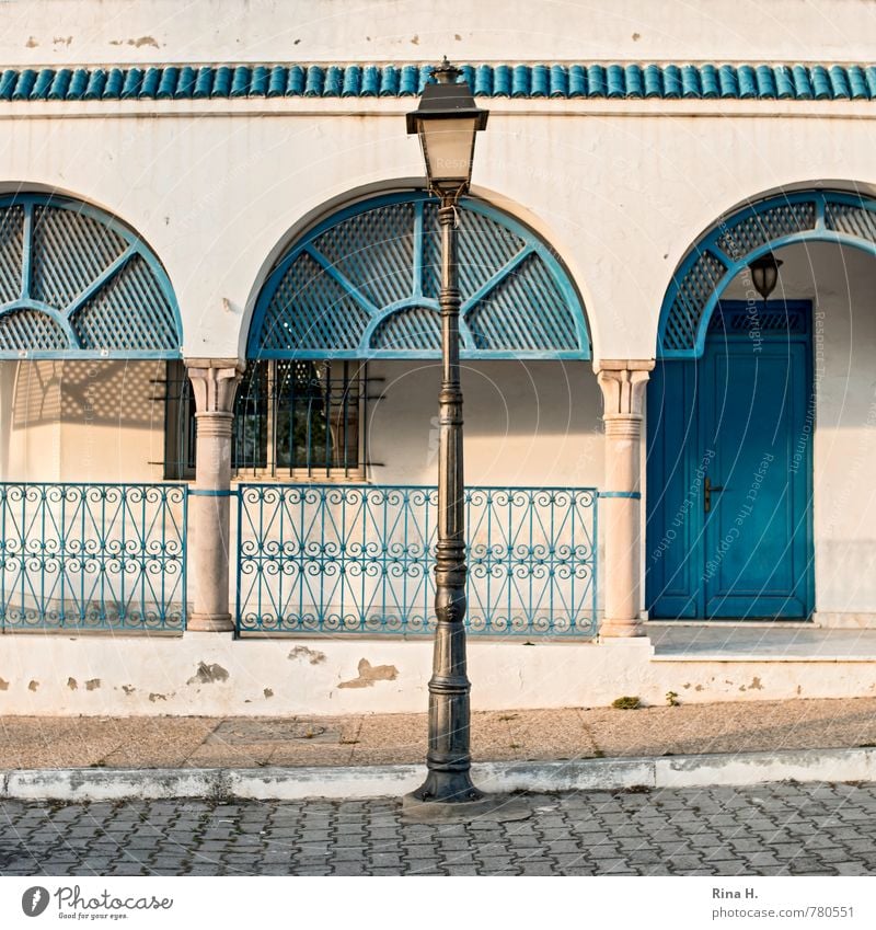 Central lantern Sidi Bou Said Tunisia House (Residential Structure) Wall (barrier) Wall (building) Window Door Street Blue White streetlamp Sidewalk Veranda