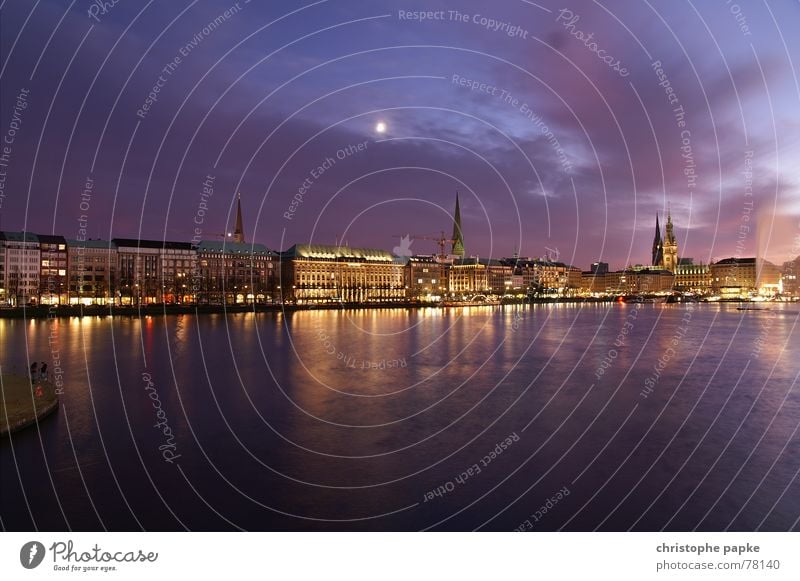 Evening shot of Hamburg at the Binnenalster Vacation & Travel Trip Sightseeing City trip Water Sky Clouds Moon Lakeside Town Port City Downtown Skyline