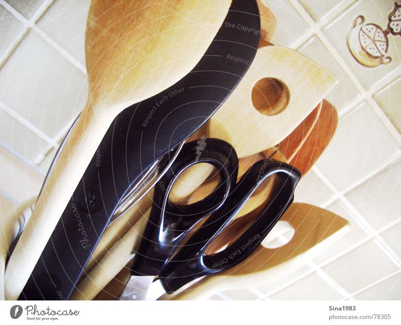 kitchen-top Wooden spoon Kitchen Cooking Wall (building) Interior shot Scissors Tile Bright Colour