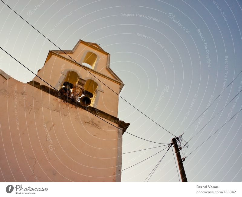 bell wire Sky Beautiful weather Corfu Greece Village Church Wall (barrier) Wall (building) Old Bright Tall Warmth Blue Yellow Black Bell Mediterranean Cable