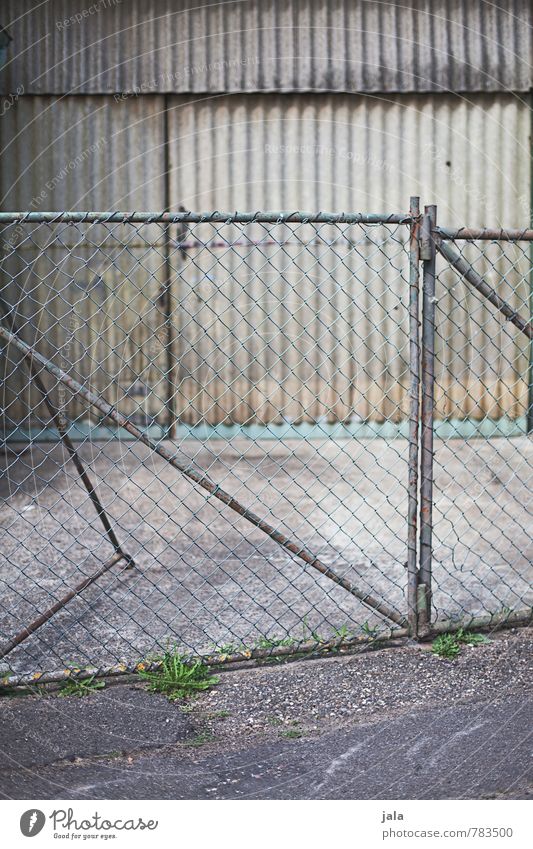 gate Factory Manmade structures Building Facade Door Fence Wire netting fence Gate Corrugated sheet iron Simple Gloomy Town Gray Colour photo Exterior shot