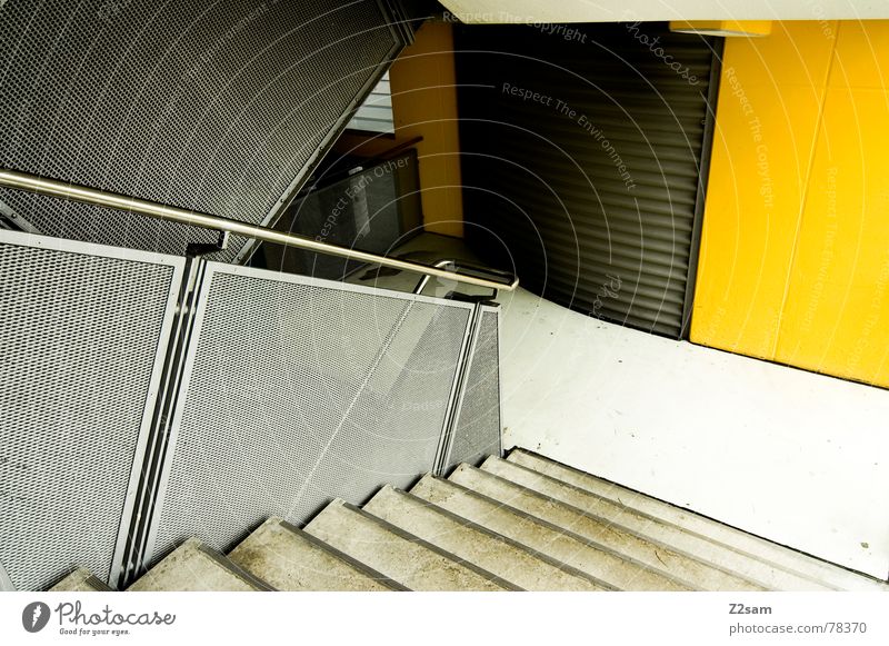 Around the corner Staircase (Hallway) Parking garage Wall (building) Yellow Aluminium Abstract Futurism Force Concrete Corner Stairs Handrail Ladder Metal