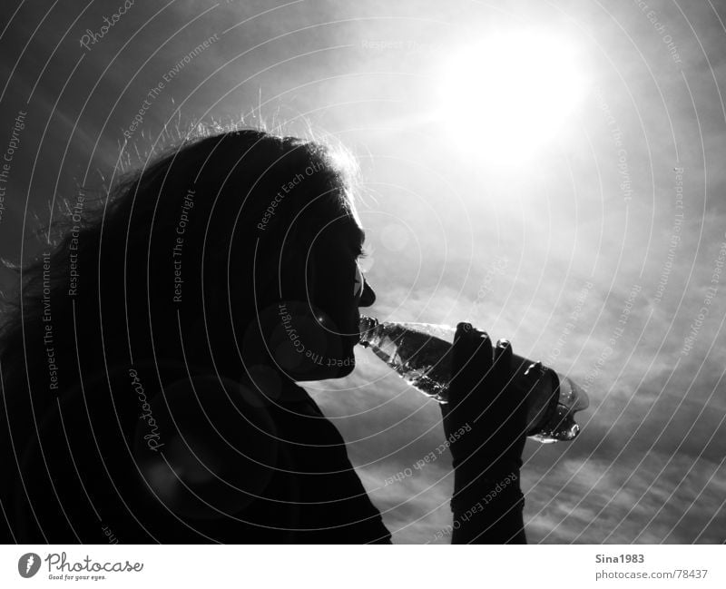 Summer Feeling Woman Black White Drinking Patch of light Exterior shot Physics Cooling Black & white photo Bottle Water Shadow Silhouette Sun Sky Contrast