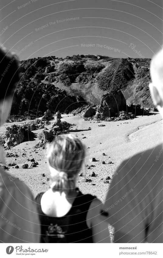 group picture at the pico de teide Tenerife Lava Canaries Lunar landscape Stone Spain Exterior shot Far-off places Darken Mountain Black & white photo Group