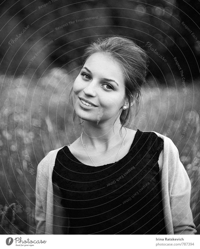 B&W portrait Young woman Youth (Young adults) Face Lips Teeth 1 Human being 18 - 30 years Adults Nature Grass Field Cloth Brunette To enjoy Smiling Happy