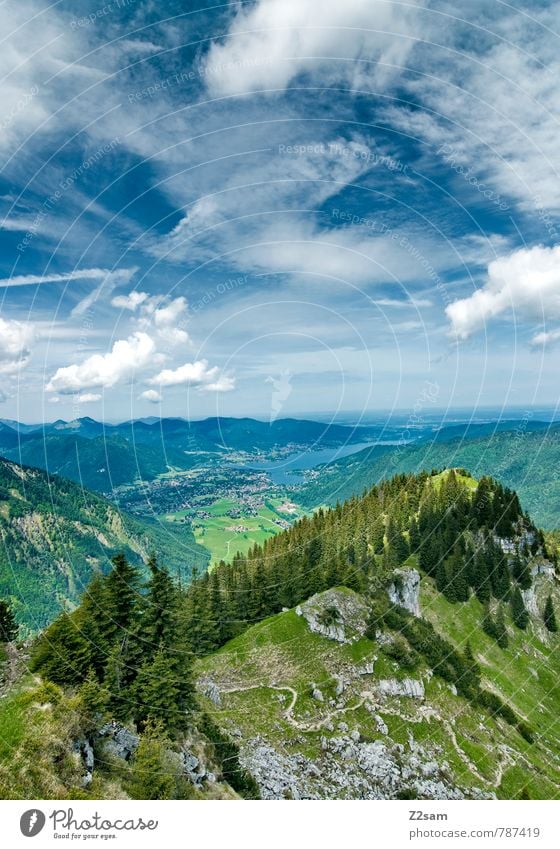 View to Lake Tegernsee Vacation & Travel Trip Hiking Climbing Mountaineering Environment Nature Landscape Sky Clouds Summer Beautiful weather Tree Forest Alps