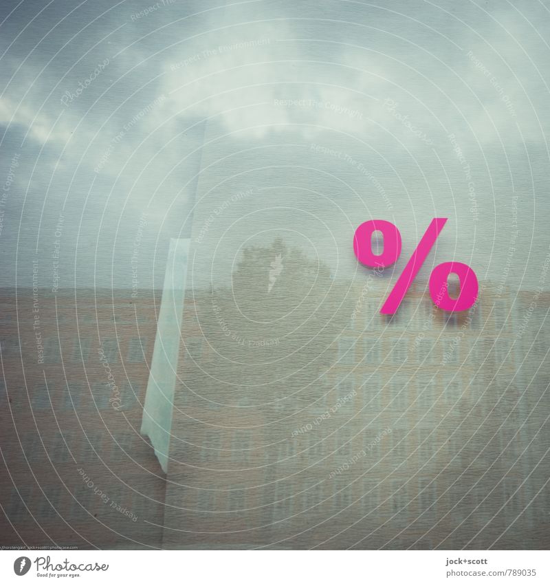 Percent on pane with row of houses Financial Industry Real estate market Illustration Clouds Prenzlauer Berg Facade Percent sign Typography Pink Thrifty