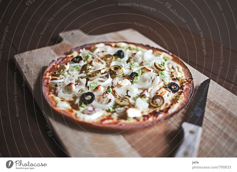 tarte flambée Food Dough Baked goods Nutrition Lunch Knives Chopping board Fresh Delicious Appetite Wooden table Colour photo Interior shot Deserted