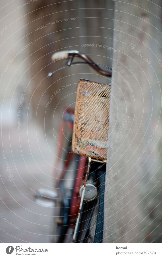 wheel Leisure and hobbies Bicycle bicycle basket Wire basket Basket Bicycle handlebars Old Dirty Rust Concrete Ajar Colour photo Subdued colour Exterior shot