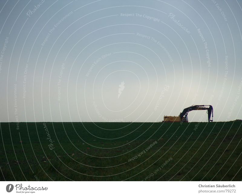 The sad excavator Construction machinery Scoop Loneliness Sky Excavator Meadow Agriculture Green Gloomy Mountain meadow Grass Paradise Cold Common land