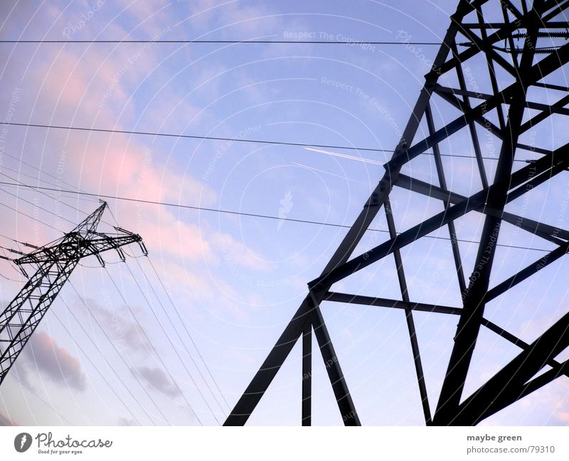 high voltage Provision Pink Clouds Dark Transmission lines Electricity pylon Steel Side by side High voltage power line Sky Energy industry Power failure