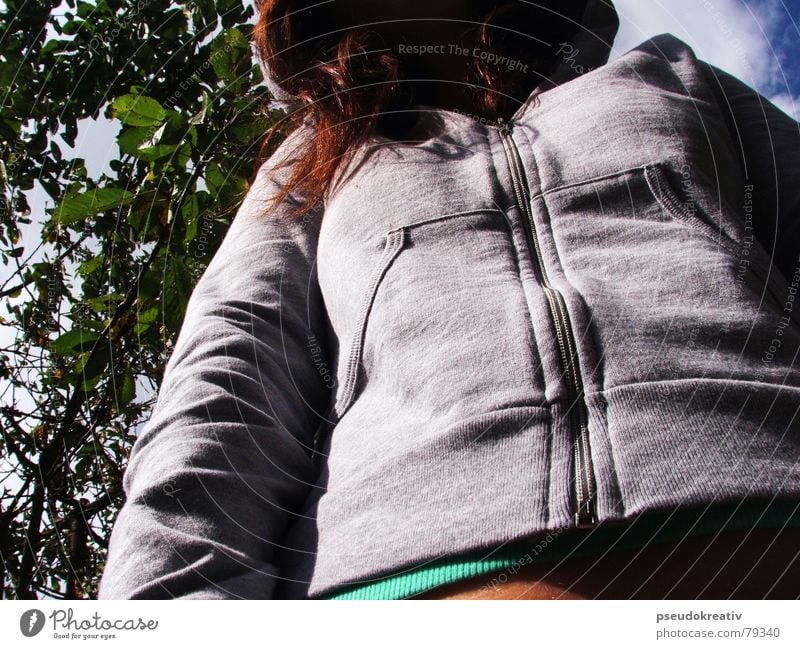 Jessica - Incognito Sweater Hooded (clothing) Hooded sweater Woman Foreign Autumn Unidentified Tree Leaf Worm's-eye view Showing one's bellybutton Timidity Fear