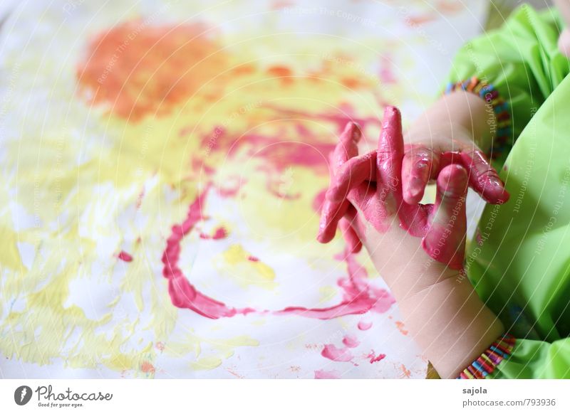 spilling - pink hands Human being Androgynous Child Toddler Hand Fingers 1 1 - 3 years Art Artist Painter Esthetic Multicoloured Yellow Green Orange Pink Joy