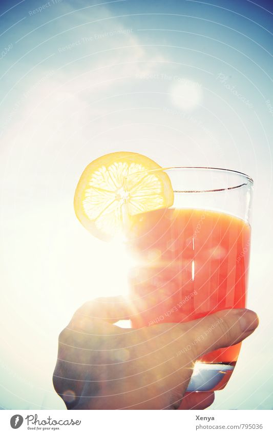 summer Beverage Cold drink Lemonade Juice Hand Happiness Fresh Blue Yellow Orange Vacation & Travel Summery Glass Colour photo Exterior shot Copy Space top Day