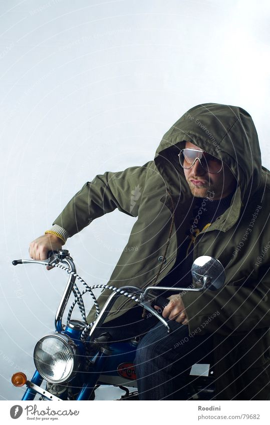 moped-gang on the way Scooter Driver Iconic Rear view mirror Motorcycle Driving Coat Hooded (clothing) Eyeglasses Sunglasses Motorcyclist Floodlight