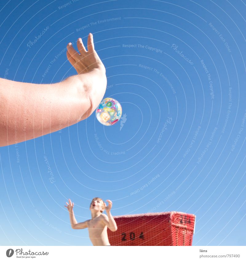 Playing ball on the beach - beach game Summer Beach Ball Boy (child) Woman Adults Mother Infancy Arm 2 Human being 8 - 13 years Child Cloudless sky
