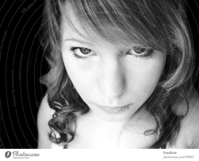 Angel look? Black & white photo Interior shot Light Front view Looking into the camera Lamp Young woman Youth (Young adults) Beautiful weather Curl Glittering