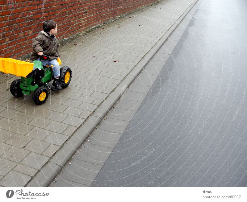 Little Trucker's Trouble Colour photo Subdued colour Exterior shot Day Joy Playing Vacation & Travel Trip Winter Child Industry Shovel Masculine Toddler