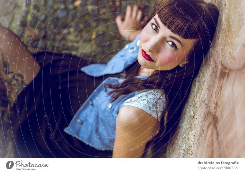 The beauty on the ground Feminine Young woman Youth (Young adults) Woman Adults 1 Human being Wall (barrier) Wall (building) Dress Looking Sit Dream