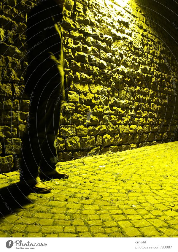 Yellow Night Handover Man Wall (barrier) Light Lamp Mysterious Dangerous Dark Meeting point Mannheim Long exposure Old Stone Bright Town
