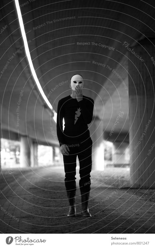 Unbelievable! 1000! Carnival Hallowe'en Human being Masculine Man Adults Highway Overpass Bridge Mask Infinity Emotions Moody Fear Stunned Black & white photo