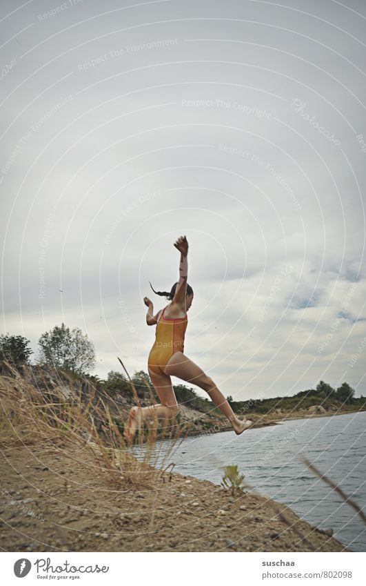 jump into the lake II Feminine Child Girl Infancy Body Skin Head Arm Legs Feet 1 Human being 8 - 13 years Environment Nature Landscape Sand Water Sky Clouds