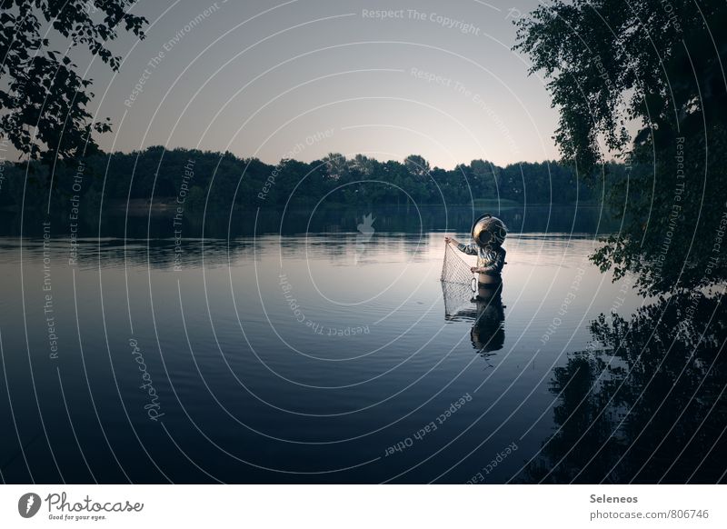 emergence Fishing (Angle) Trip Adventure Summer Human being 1 Environment Nature Landscape Water Sky Cloudless sky Horizon Tree Lakeside River bank Brook Helmet