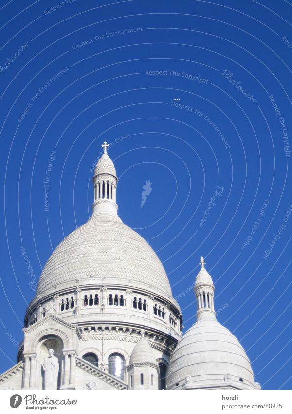 Twin Towers Place of pilgrimage Sacré-Coeur Montmartre Monument Sky blue Airplane Statue Domed roof Round France Paris Machinery Passenger plane Canopy White