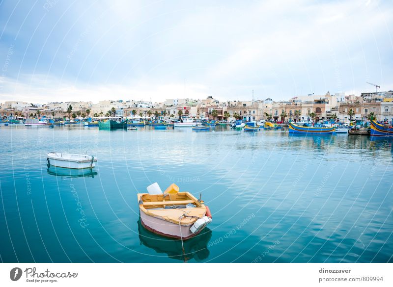 View over Marsaxlokk with boats, Malta Calm Vacation & Travel Tourism Summer Ocean Island Culture Coast Village Small Town Harbour Transport Fishing boat