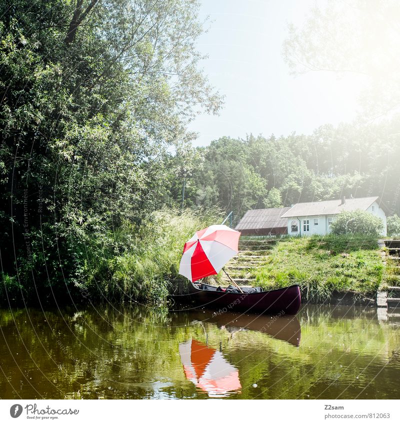 canoe romance Hiking Nature Landscape Sun Sunlight Summer Beautiful weather Tree Bushes Meadow River bank House (Residential Structure) Relaxation Dream Kitsch