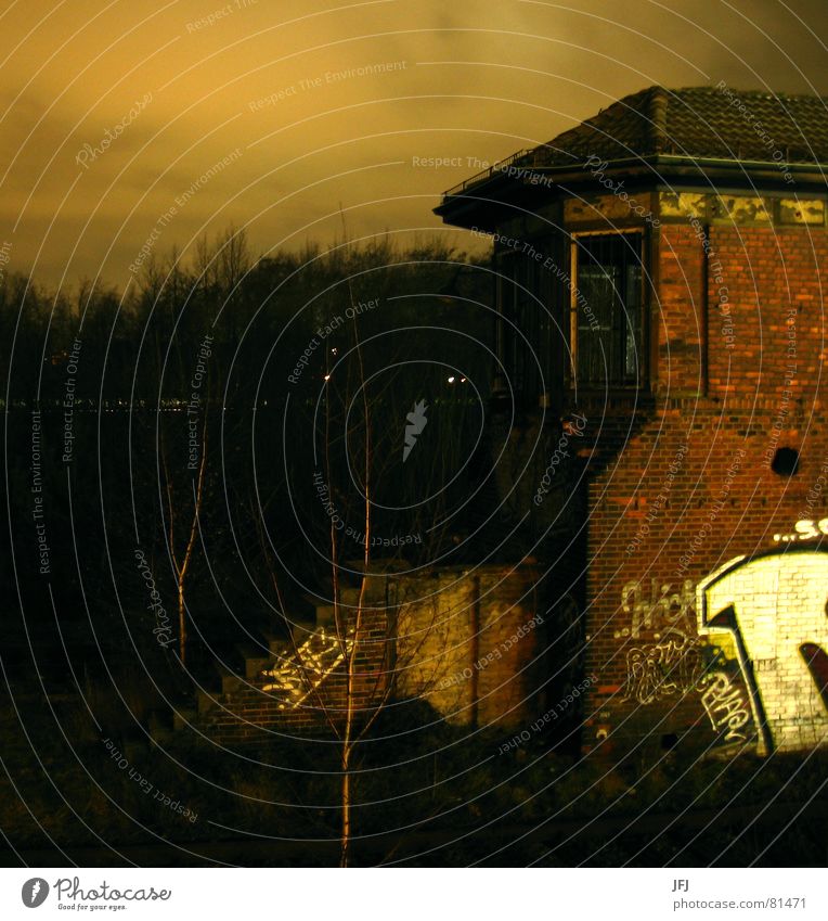 Old conductor's house Tiled roof House (Residential Structure) Dark Brick Masonry Tree Night Window Remote Train station window grilles Berlin Stairs Shabby