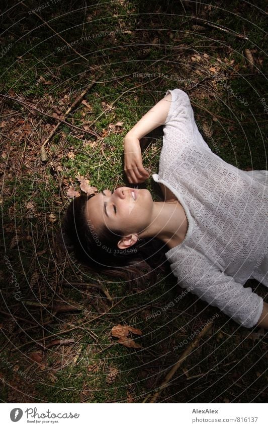 Young woman lies sleeping on the forest floor, light and shadow, sunlight Trip Adventure Youth (Young adults) 18 - 30 years Adults Woodground Branch Fir needle