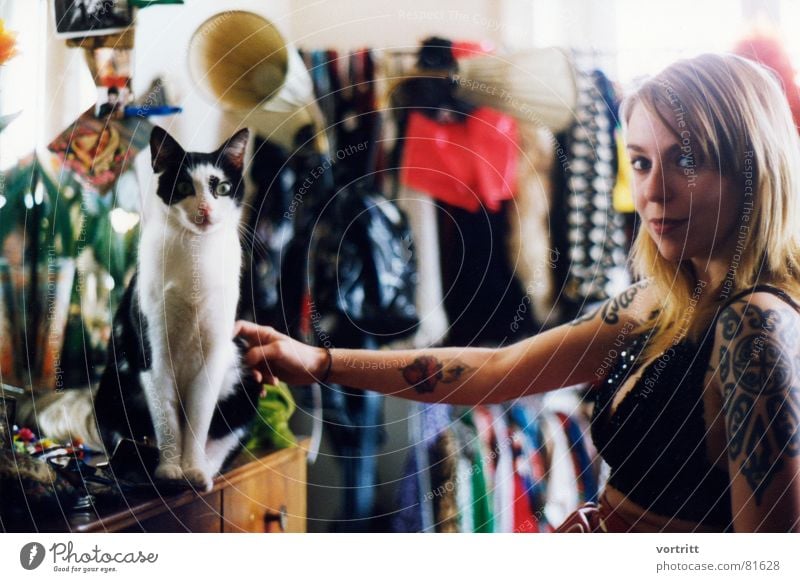 cat Cat Woman Dress Beautiful Light Fix Lady Exciting Clothing Attractive Punk Domestic cat Townsfolk Blonde Tattoo Young woman Original Costume Appealing