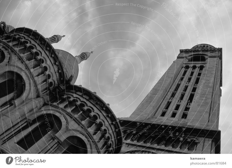Sacré-Coeur Paris Perspective Threat Deities Allah Tall House of worship Tower Black & white photo Upward God
