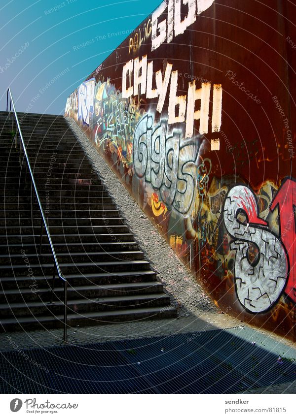 stairway to wedding Concrete Traffic infrastructure Stairs Rust Metal Upward Sky Berlin Loneliness Shadow graffiti wall park